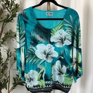 JM Collection Teal Tropical Floral Scoop-Neck Blouse Flowy Sleeves Sz 1X (V1)